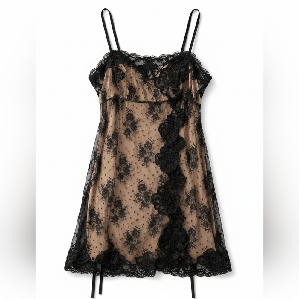 Heart Moon Star Black Bronze Lace Overlay Slip Dress Ribbon Ties Cocktail Y2K 2